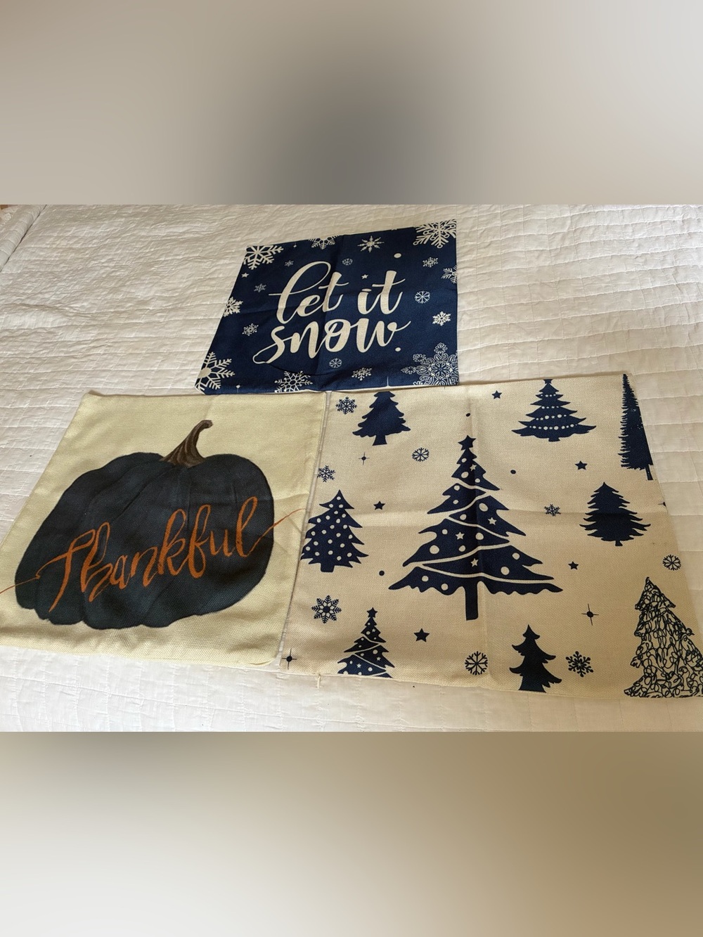 Holiday Decor Pillow Covers Lot of 3 in Blue & Cream